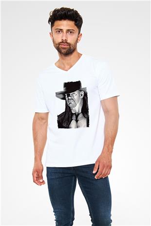 Undertaker Baskılı Beyaz Unisex V Yaka Tişört - Tshirt