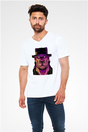 Undertaker Baskılı Beyaz Unisex V Yaka Tişört - Tshirt
