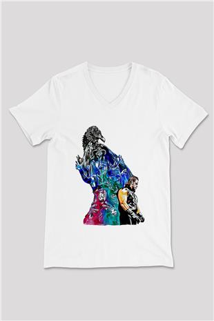 Undertaker Baskılı Beyaz Unisex V Yaka Tişört - Tshirt