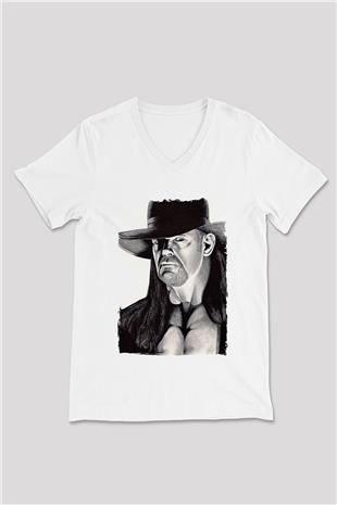 Undertaker Baskılı Beyaz Unisex V Yaka Tişört - Tshirt
