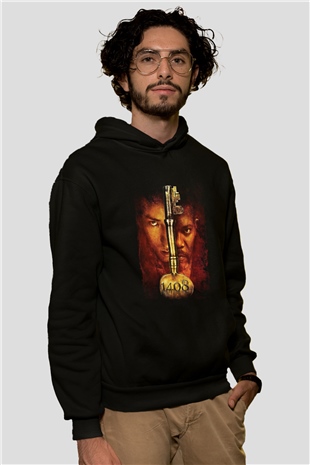 Unisex 1408 Baskılı Siyah Kapüşonlu Sweatshirt