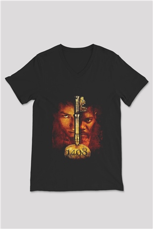 Unisex 1408 Baskılı Siyah V Yaka T-shirt