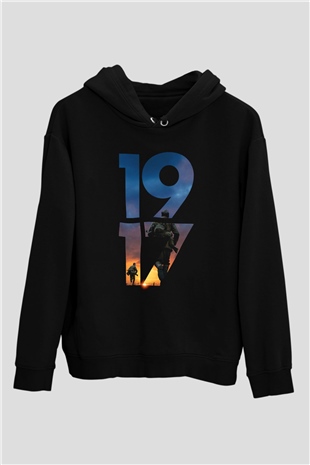 Unisex 1917 Baskılı Siyah Kapüşonlu Sweatshirt