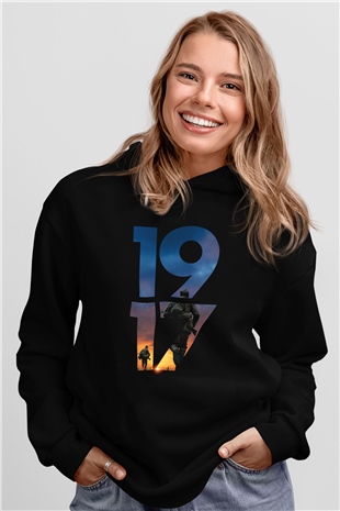 Unisex 1917 Baskılı Siyah Kapüşonlu Sweatshirt