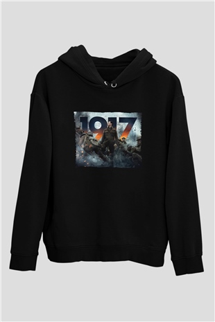 Unisex 1917 Baskılı Siyah Kapüşonlu Sweatshirt