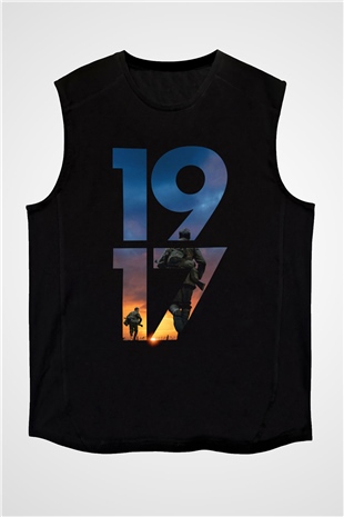 Unisex 1917 Baskılı Siyah Kolsuz T-shirt