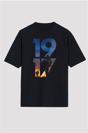 Unisex 1917 Baskılı Siyah Oversize T-shirt
