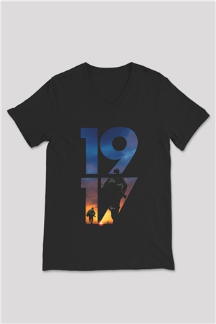 Unisex 1917 Baskılı Siyah V Yaka T-shirt