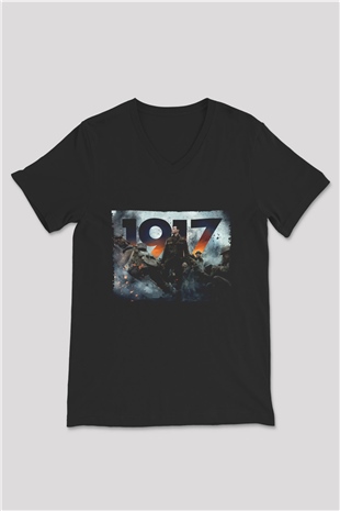 Unisex 1917 Baskılı Siyah V Yaka Tshirt