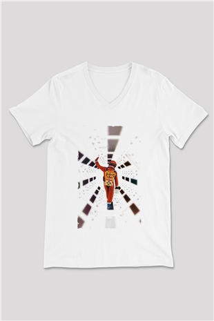 Unisex 2001 Bir Uzay Destanı-2001 A Space Odyssey Baskılı Beyaz V Yaka Tişört