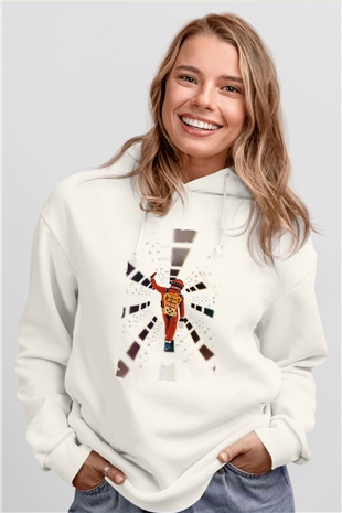 Unisex 2001 Bir Uzay Destanı-2001 A Space Odyssey Baskılı Beyaz Kapüşonlu Sweatshirt