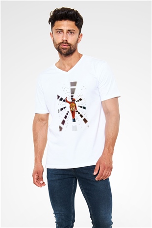 Unisex 2001 Bir Uzay Destanı-2001 A Space Odyssey Baskılı Beyaz V Yaka Tişört