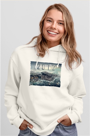 Unisex 2012 Baskılı Beyaz Kapüşonlu Sweatshirt