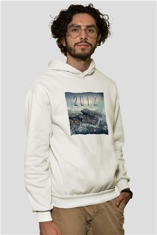 Unisex 2012 Baskılı Beyaz Kapüşonlu Sweatshirt