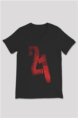 Unisex 21 Grams Baskılı Siyah V Yaka T-shirt