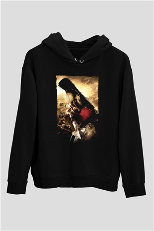 Unisex 300 Baskılı Siyah Kapüşonlu Sweatshirt