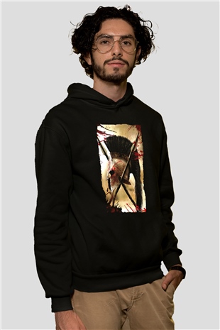 Unisex 300 Baskılı Siyah Kapüşonlu Sweatshirt