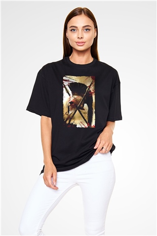 Unisex 300 Baskılı Siyah Oversize Tişört