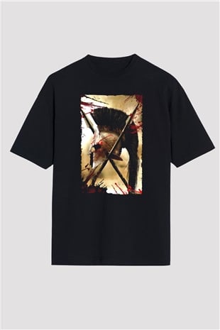 Unisex 300 Baskılı Siyah Oversize Tişört