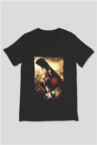 Unisex 300 Baskılı Siyah V Yaka Tshirt