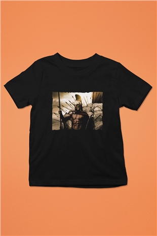 Unisex 300 Spartalı Baskılı Siyah Çocuk T-shirt