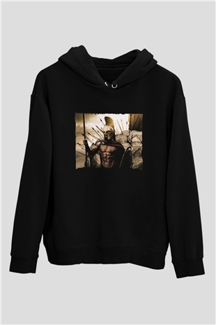 Unisex 300 Spartalı Baskılı Siyah Kapüşonlu Sweatshirt