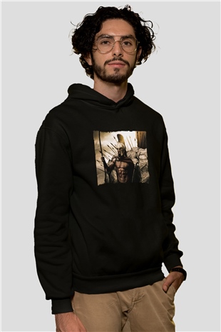 Unisex 300 Spartalı Baskılı Siyah Kapüşonlu Sweatshirt