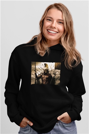 Unisex 300 Spartalı Baskılı Siyah Kapüşonlu Sweatshirt