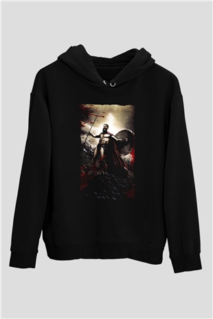 Unisex 300 Spartalı Baskılı Siyah Kapüşonlu Sweatshirt