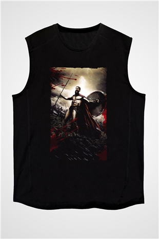 Unisex 300 Spartalı Baskılı Siyah Kolsuz Tshirt