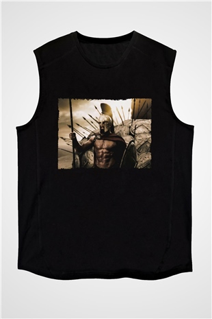 Unisex 300 Spartalı Baskılı Siyah Kolsuz T-shirt