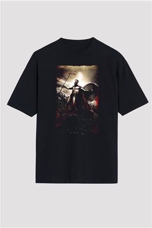Unisex 300 Spartalı Baskılı Siyah Oversize Tshirt