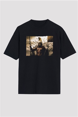 Unisex 300 Spartalı Baskılı Siyah Oversize T-shirt