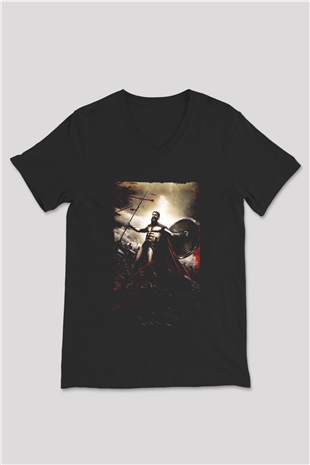 Unisex 300 Spartalı Baskılı Siyah V Yaka Tshirt