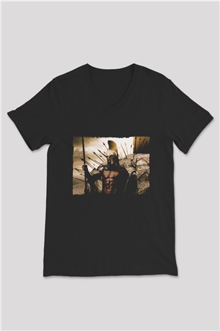 Unisex 300 Spartalı Baskılı Siyah V Yaka T-shirt