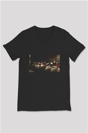 Unisex 300 SpartalıBaskılı Siyah V Yaka Tshirt