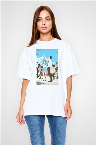 Unisex A Silent Voice Baskılı Beyaz Oversize Oversize T-shirt