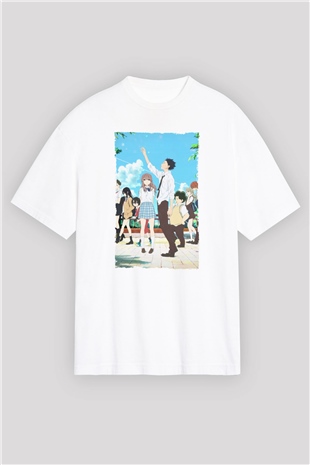 Unisex A Silent Voice Baskılı Beyaz Oversize Oversize T-shirt