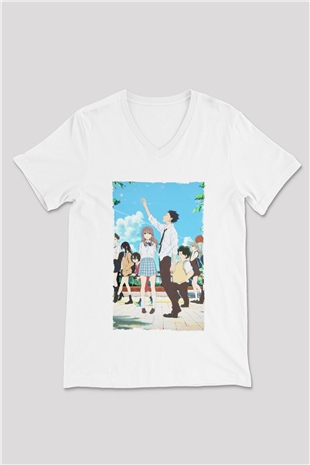 Unisex A Silent Voice Baskılı Beyaz V Yaka Tshirt