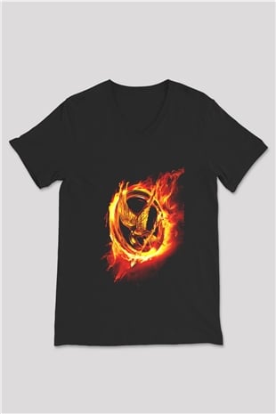 Unisex Açlık Oyunları (The Hunger Games) Baskılı Siyah V Yaka T-shirt