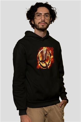 Unisex Açlık Oyunları (The Hunger Games) Baskılı Siyah Unisex Kapüşonlu Sweatshirt