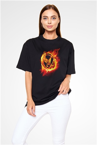 Unisex Açlık Oyunları (The Hunger Games) Baskılı Siyah Oversize T-shirt