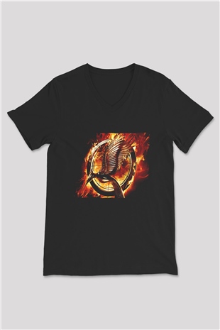 Unisex Açlık Oyunları (The Hunger Games) Baskılı Siyah Unisex V Yaka Tişört