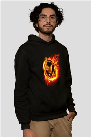 Unisex Açlık Oyunları (The Hunger Games) Baskılı Siyah Kapüşonlu Sweatshirt