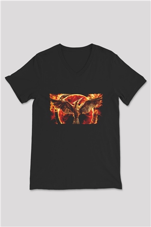 Unisex Açlık Oyunları (The Hunger Games) Baskılı Siyah V Yaka Tshirt