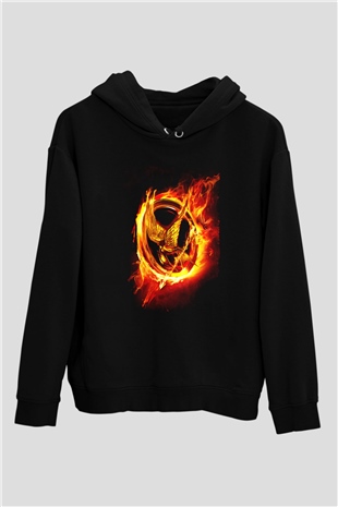 Unisex Açlık Oyunları (The Hunger Games) Baskılı Siyah Kapüşonlu Sweatshirt