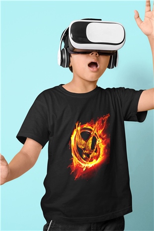 Unisex Açlık Oyunları (The Hunger Games) Baskılı Siyah Çocuk T-Shirt