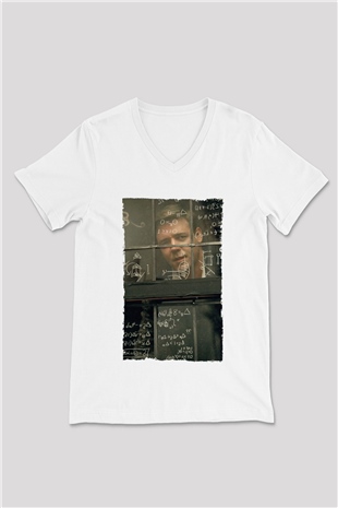 Unisex Akıl Oyunları - A Beautiful Mind Baskılı Beyaz V Yaka Tshirt