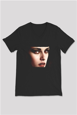 Unisex Alacakaranlık Efsanesi (The Twilight Saga) Baskılı Siyah V Yaka Tişört