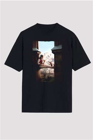 Unisex Aladdin Baskılı Siyah Oversize Tişört